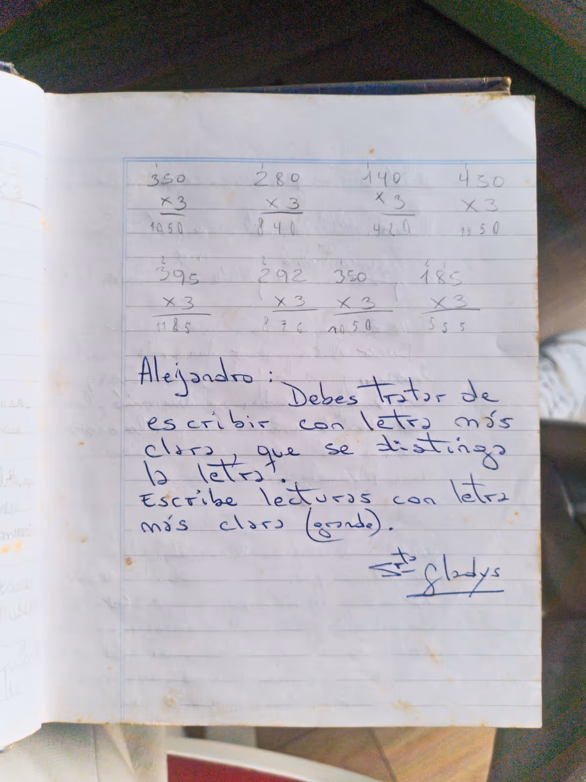 Nota de la maestra sobre letra ilegible